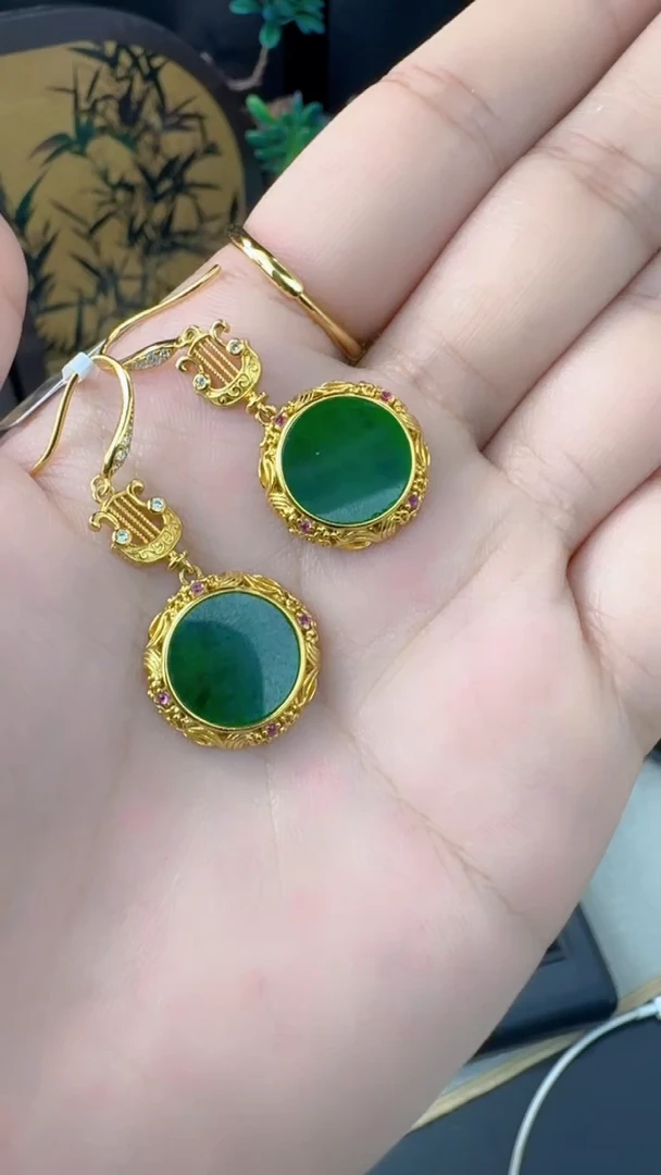 【闪购商品】翡翠耳饰银S925镀金镶嵌天然缅甸A货翡翠耳环