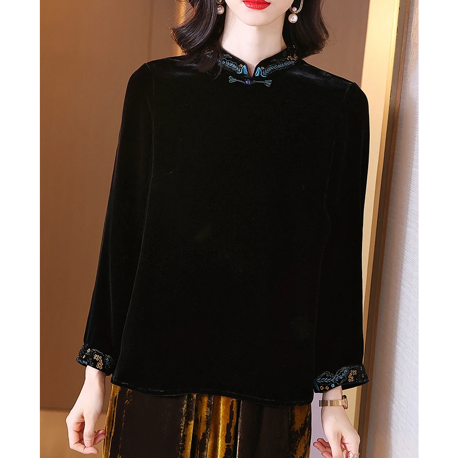 双十一真丝丝绒T恤时尚刺绣纯色气质长袖显瘦黑色宽松桑蚕丝上衣