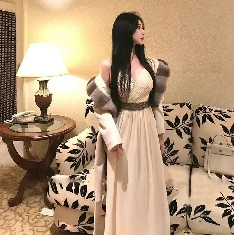 梦梦 MENGMENG｛维纳斯女神 新款纯欲温柔手工钉珠镶珠连衣裙}