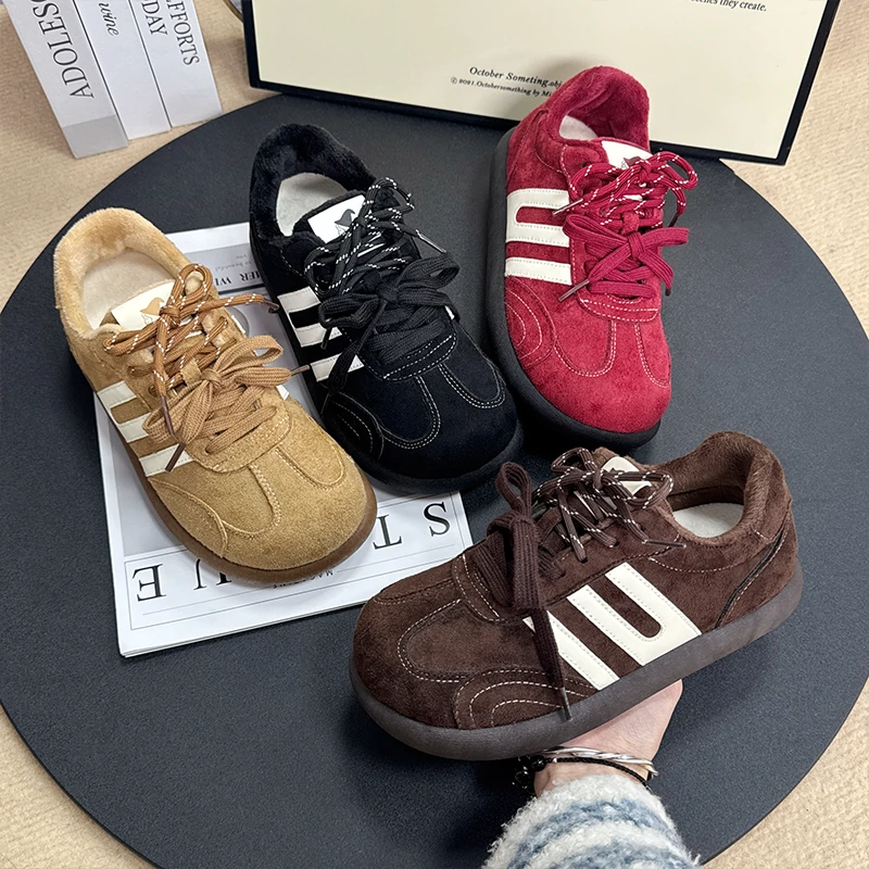 巫六七女鞋德训鞋2025秋冬绒面复古加绒保暖平底百搭学生休闲棉鞋