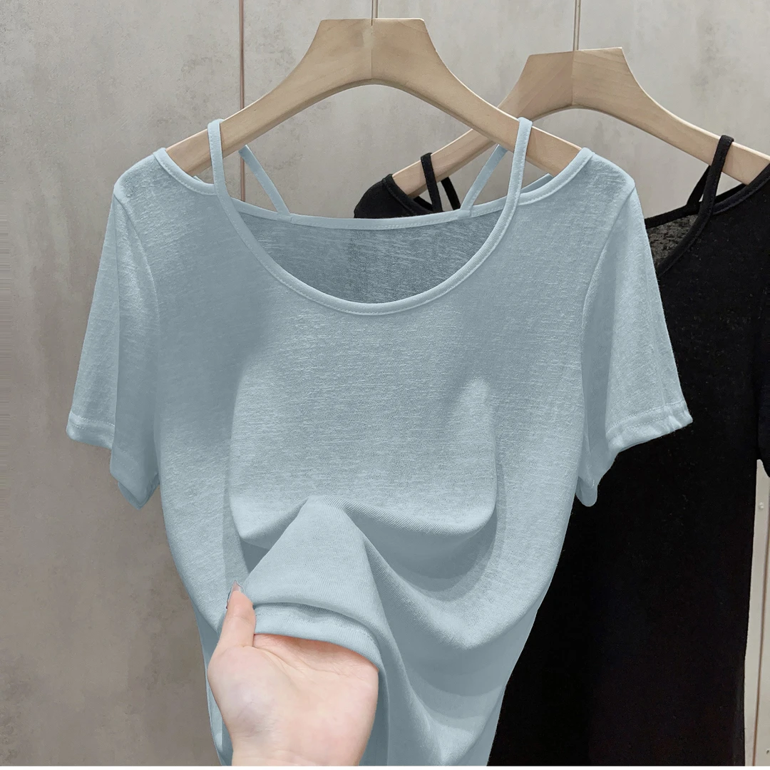 设计感露锁骨短袖t恤夏季女装薄款韩系宽松显瘦镂空小众上衣ins潮