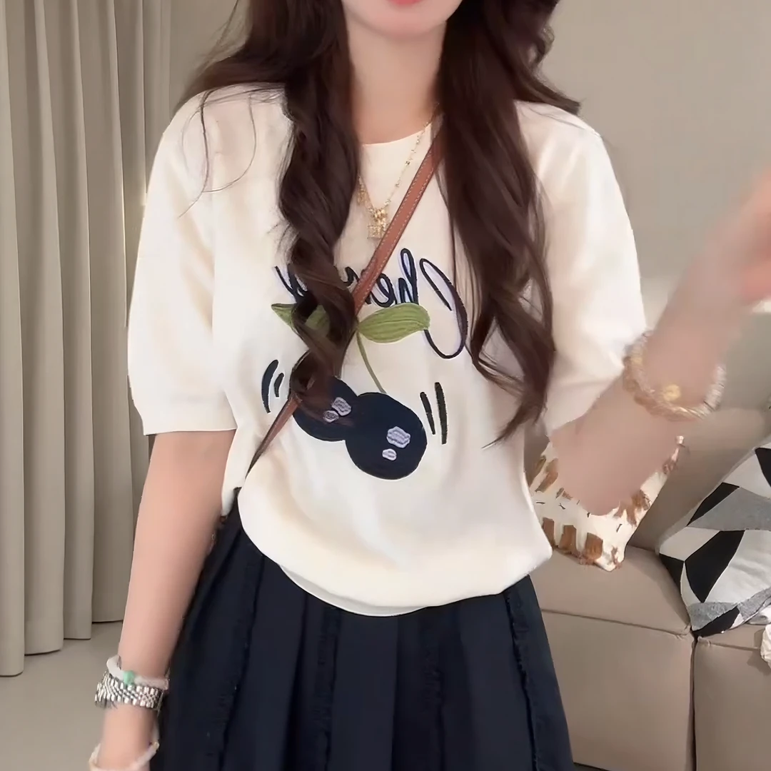 新款樱桃刺绣宽松显瘦圆领针织衫夏季凉感丝短袖上衣LK2504515