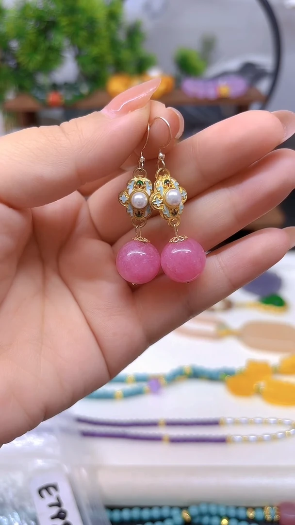 14K金镶嵌菱锰矿（红纹石）耳坠E798