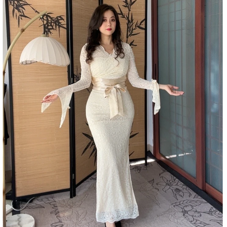 美人鱼【不知火舞】连衣裙宴会修身长袖裙子法式收腰长裙绑带晚礼服