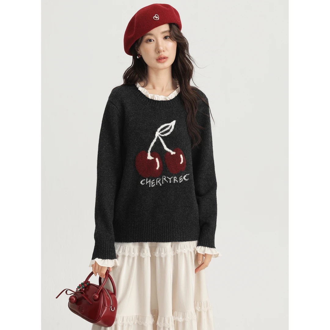 爱蔷薇胖mm大码樱桃毛衣秋冬女花边领打底衫假两件针织衫GT74614