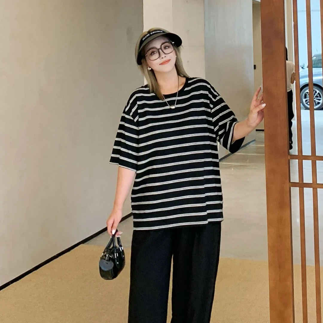 媛子大码美式复古条纹T恤2025夏季新款韩版休闲宽松短袖上衣