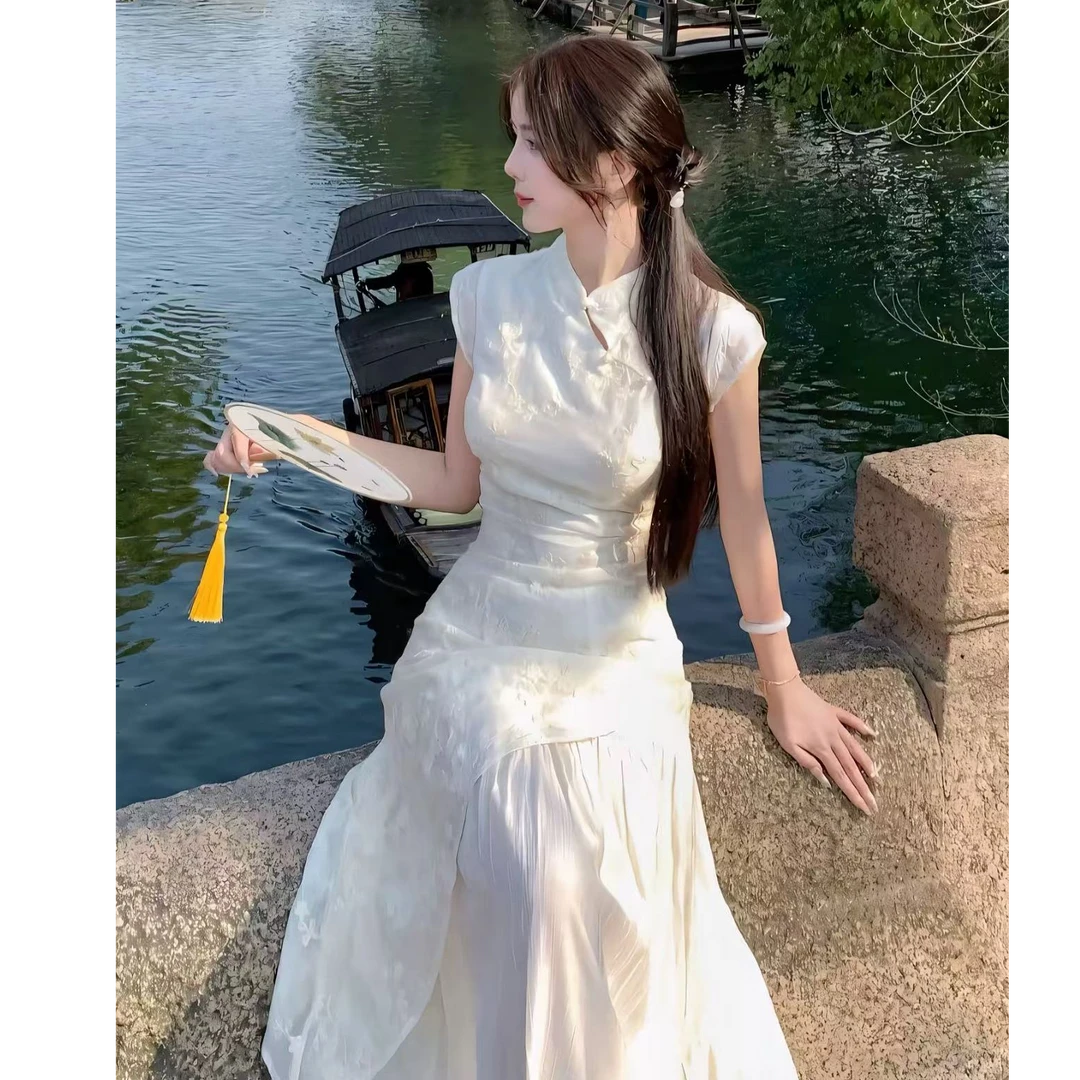 新中式刺绣拼接裙摆2025夏新款清冷风优雅旗袍裙国风气质修身长裙