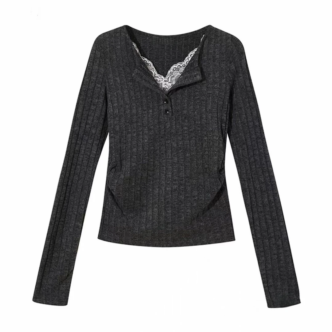 时尚简约修身蕾丝拼接假两件上衣