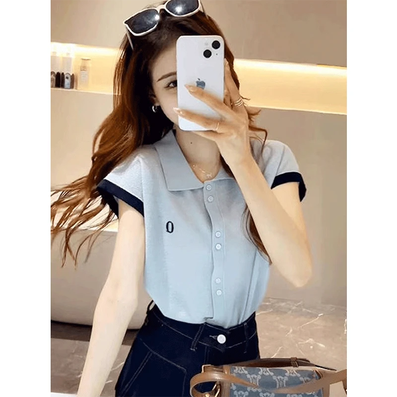 韩系薄款针织短袖T恤女2025年夏季新款设计感POLO衫针织开衫上衣