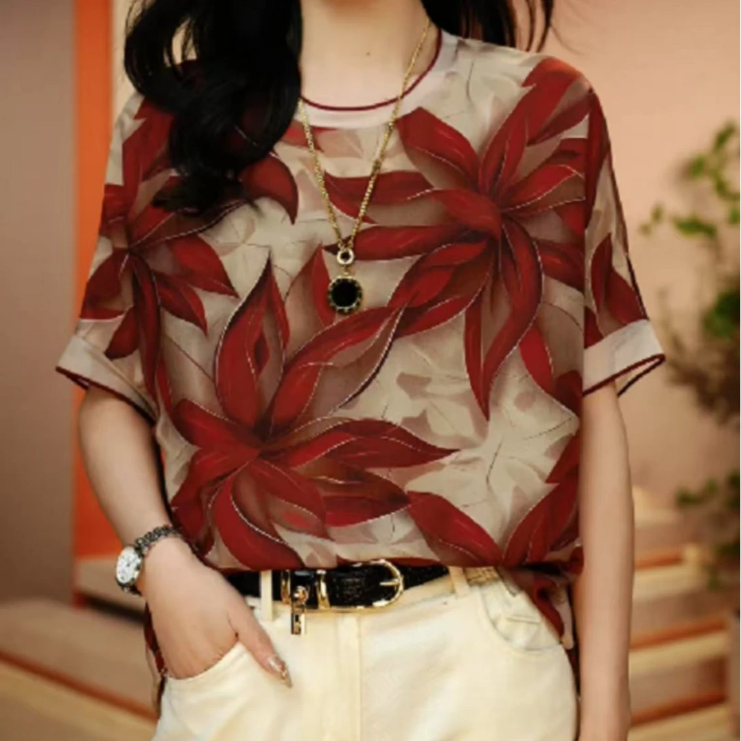 印花时尚轻薄妈妈装新款洋气时尚圆领小衫百搭短袖女士