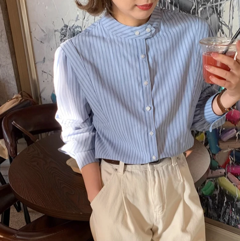 9372法式蓝色条纹衬衫女春秋设计感宽松长袖别致上衣