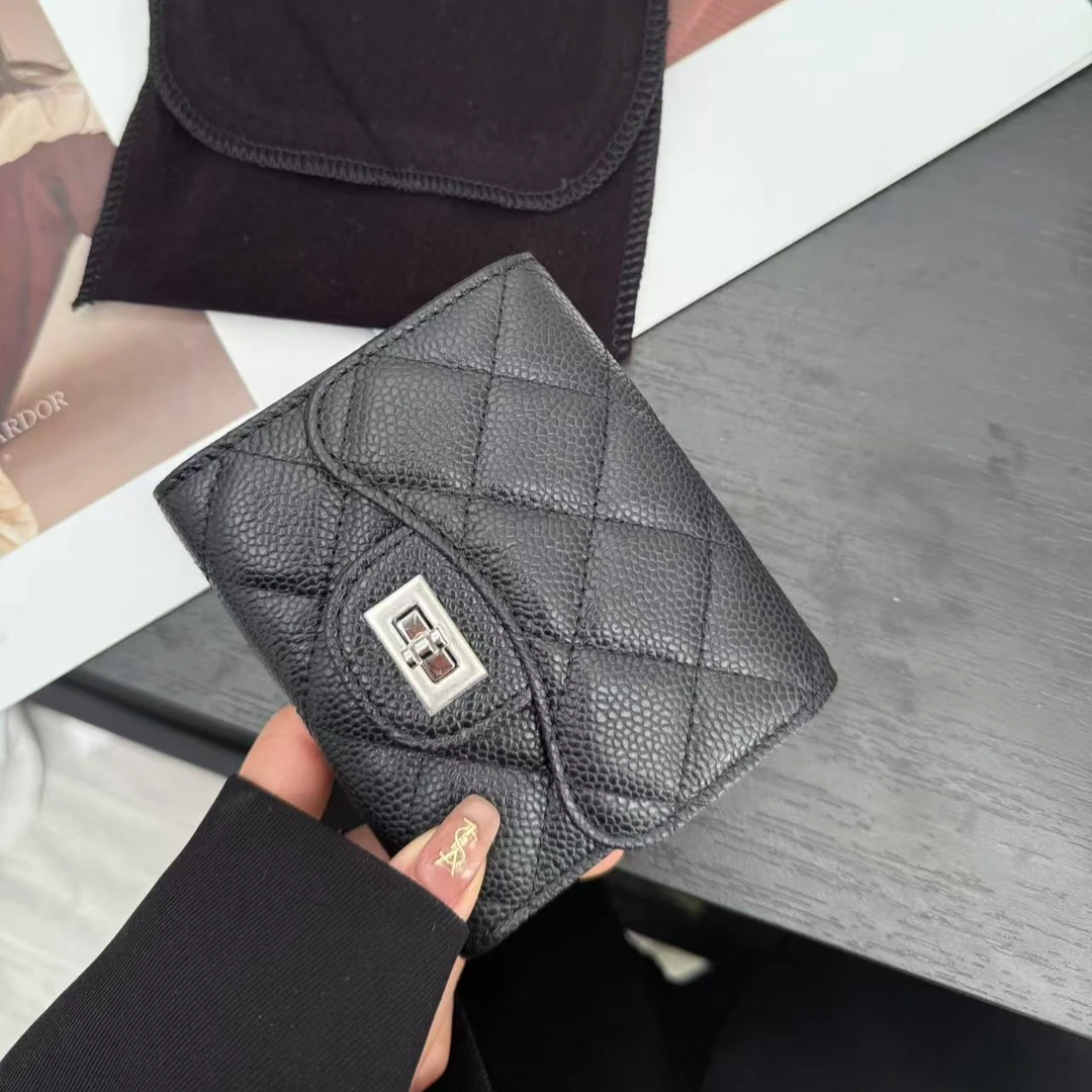 小香风菱格鱼子酱牛皮钱夹多卡位卡夹手拿包