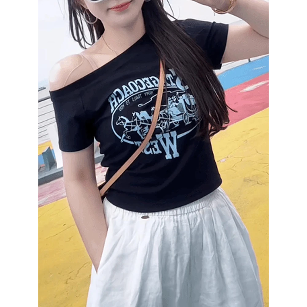 2025新款夏季独特漂亮辣妹短款一字肩上衣美式斜肩露肩短袖女t恤