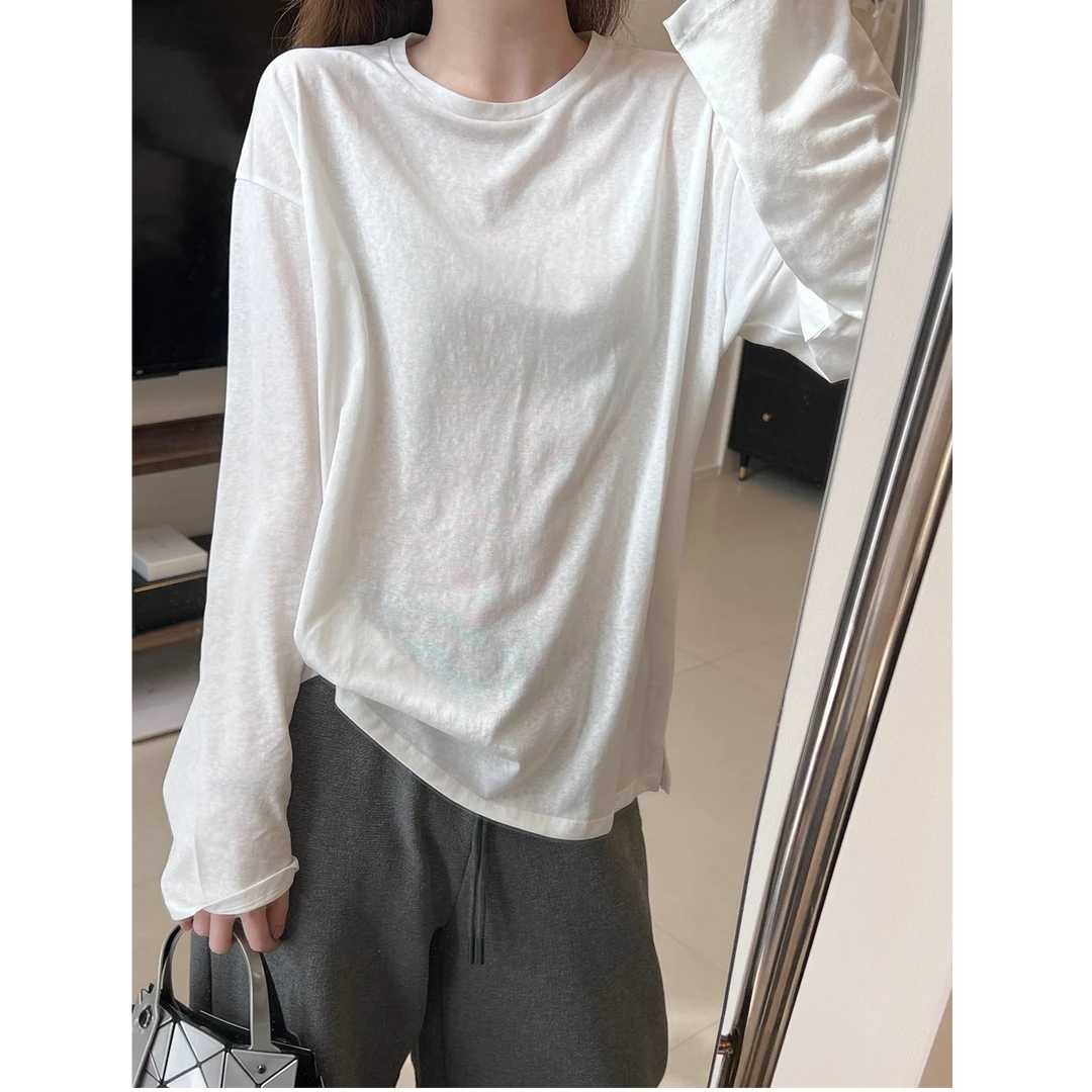 棉麻圆领长袖T恤女2026早春新韩版白色休闲宽松显瘦内搭女打底衫
