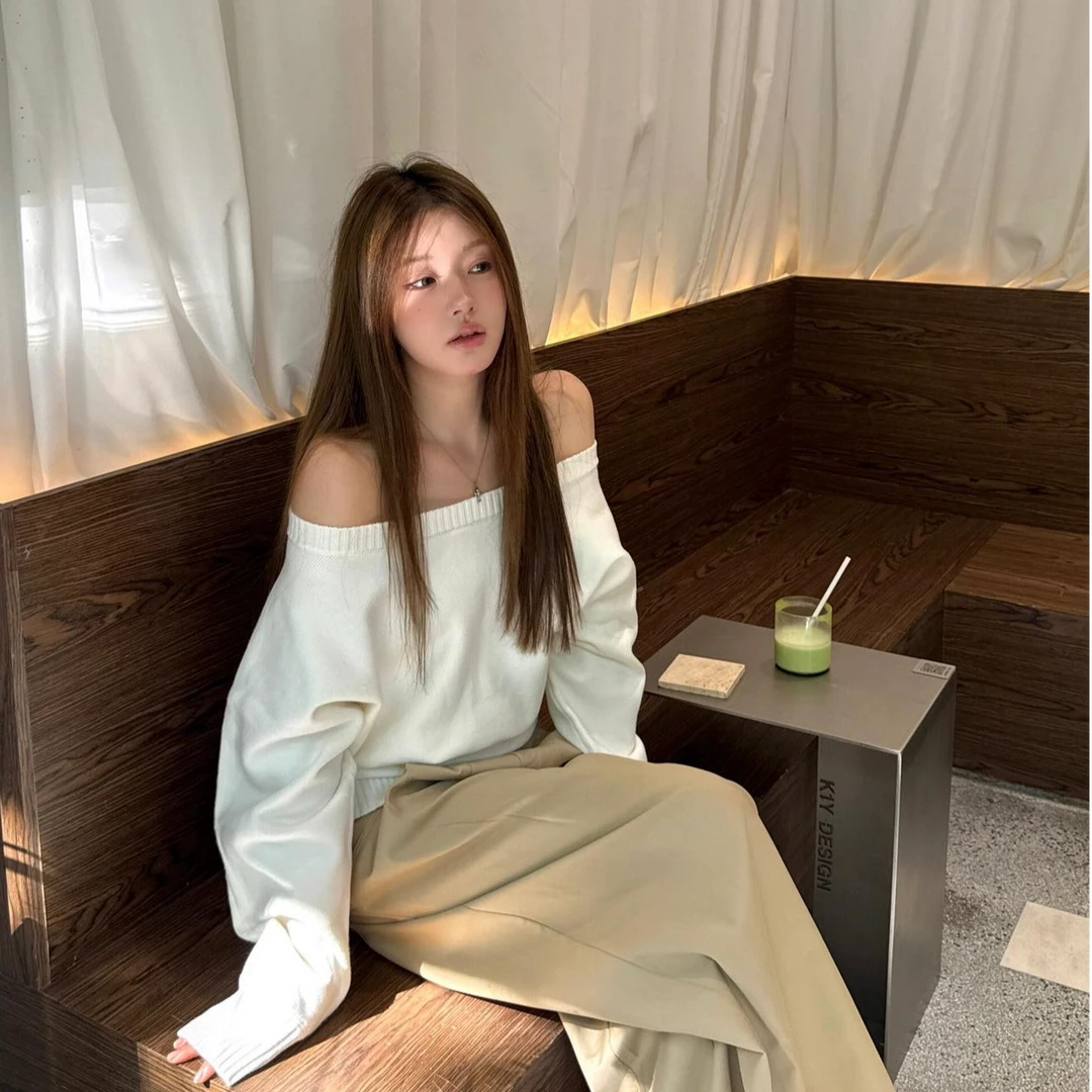 性感辣妹一字肩长袖针织上衣简约气质宽松阔腿长裤休闲百搭两件套