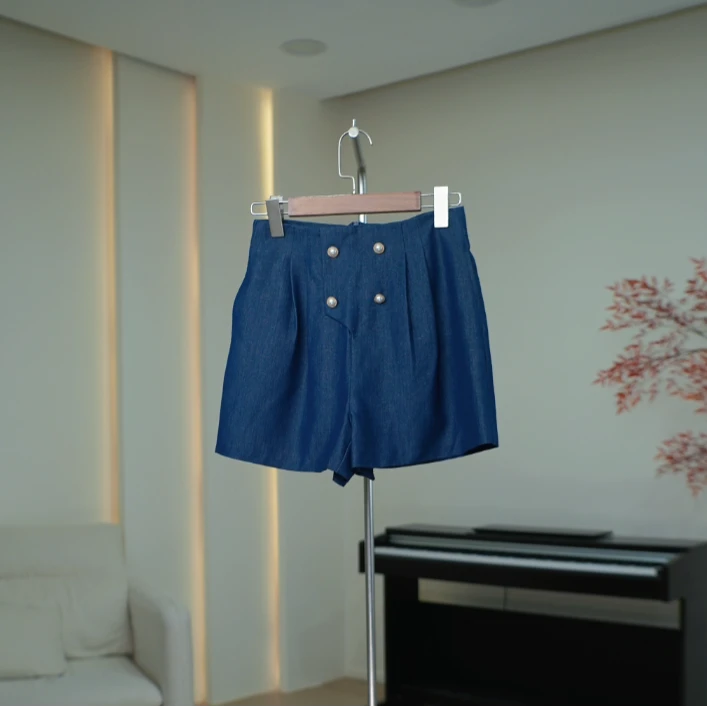 G673 双排扣装饰高腰阔腿裤女百搭短裤 135C74