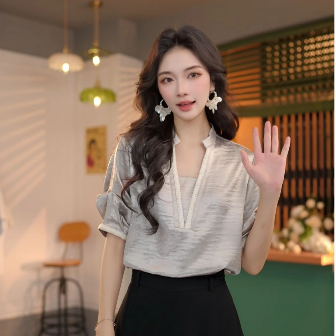 丁佳欣【月光】夏季纯色拼接短袖衬衫女宽松休闲上衣DN7343003