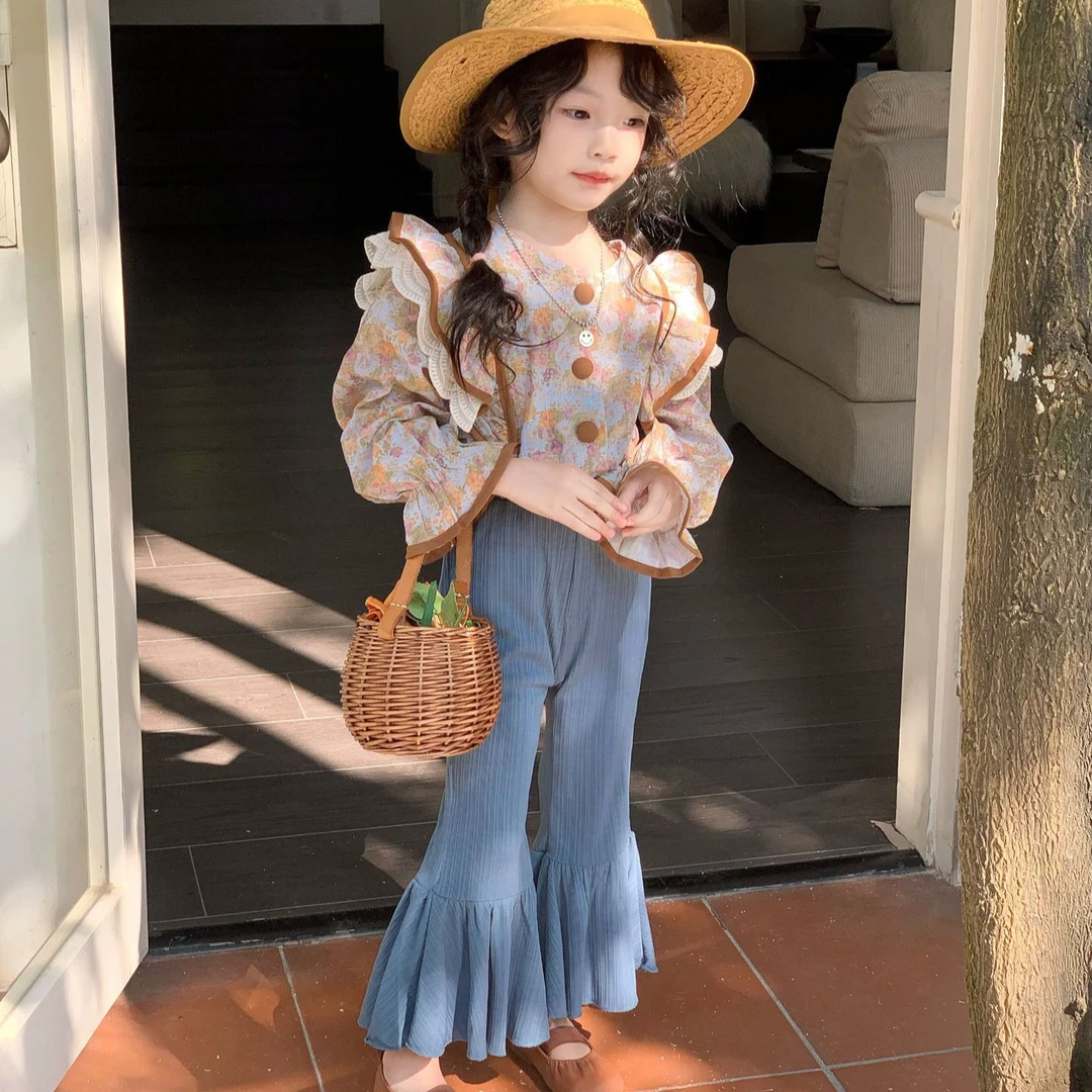 女童春季新款衬衫儿童时髦洋气宝宝花边碎花小众衬衣女孩上衣套装