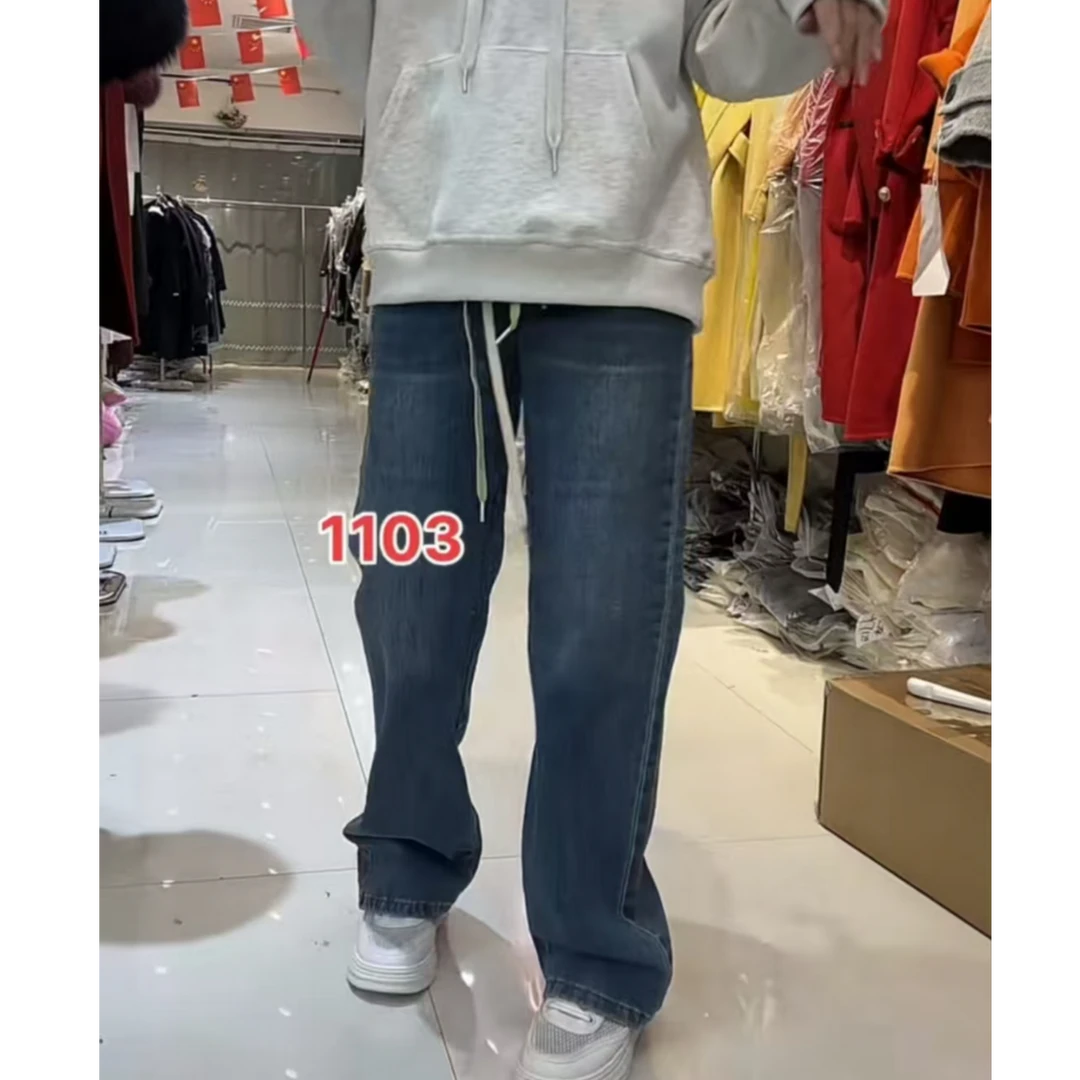 1103#松紧腰牛仔复古显瘦蓝色高腰直筒裤时尚休闲宽松水洗春季