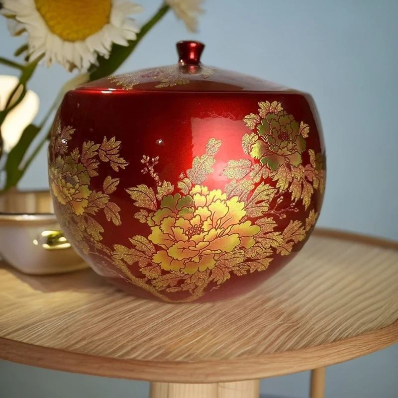 ZY-DP-A79中国红水晶釉牡丹花多功能储物罐+底座高25厘米宽25厘米