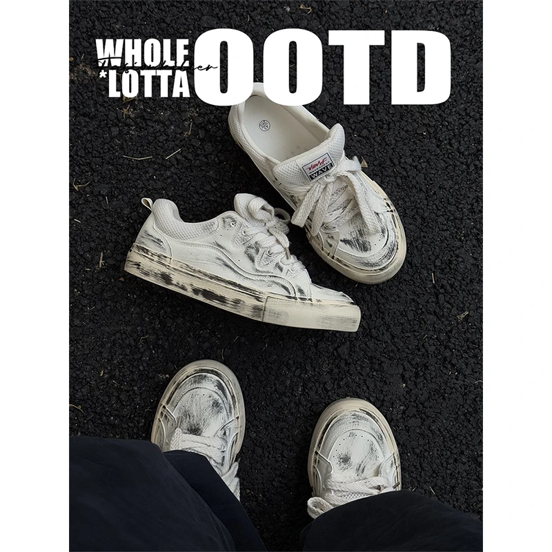 NewRockStarChoppa秋季新款做旧脏脏鞋 休闲百搭帆布鞋厚底板鞋男