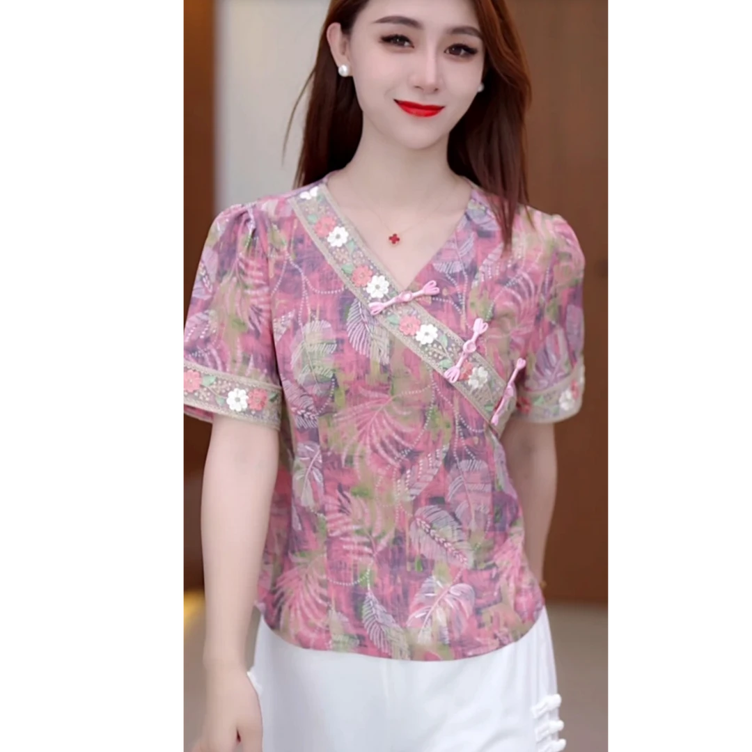 2025夏季新中式小衫优雅斜襟盘扣洋气显瘦减龄短袖碎花旗袍上衣