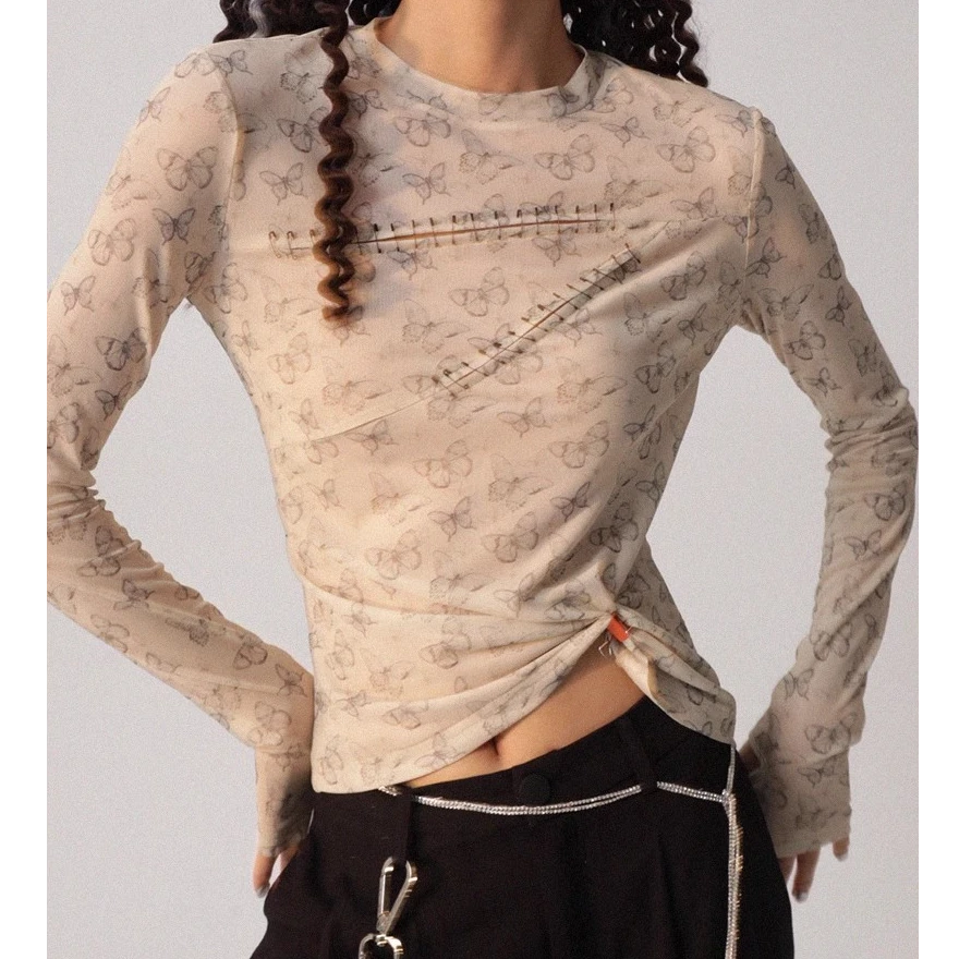0617蝴蝶印花别针装饰修身长袖短内搭