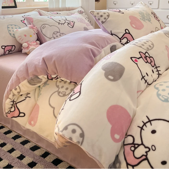 冬季加厚牛奶绒四件套可爱ins风被罩双面绒床单床上套件绒套件