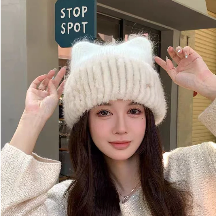 休闲可爱皮草帽子弹力猫耳大头围冬季保暖户外帽