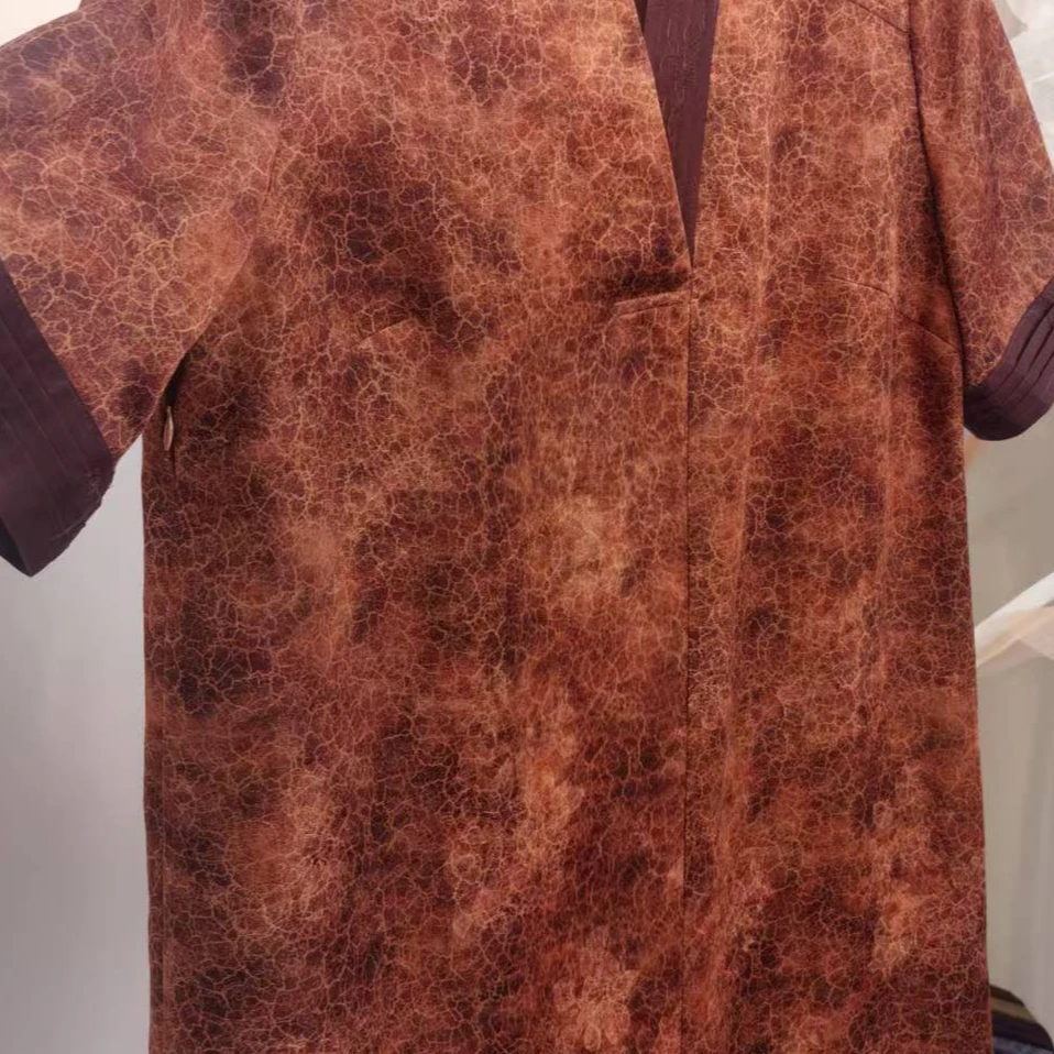 佐尔美夏季新款女装莨绸香云纱桑蚕丝连衣裙女士半袖长款M52LS18