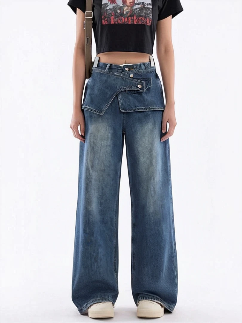 韩系高街小众设计高腰时尚牛仔裤直筒裤 K0138