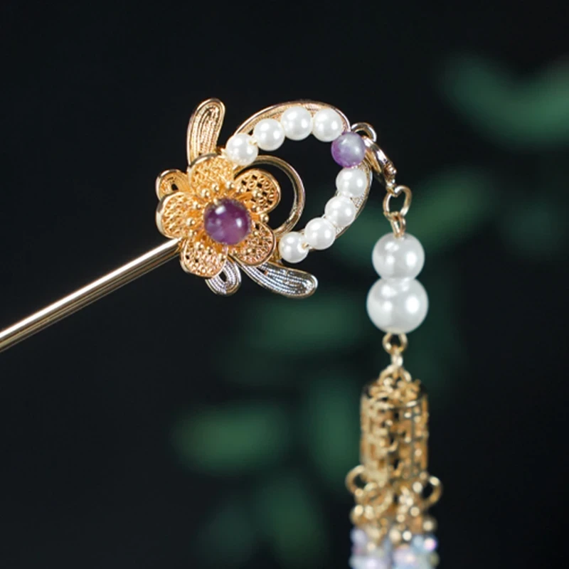 古悦倾城【紫菱发簪】古风长流苏烧蓝发簪中国风汉服配饰新中式发饰