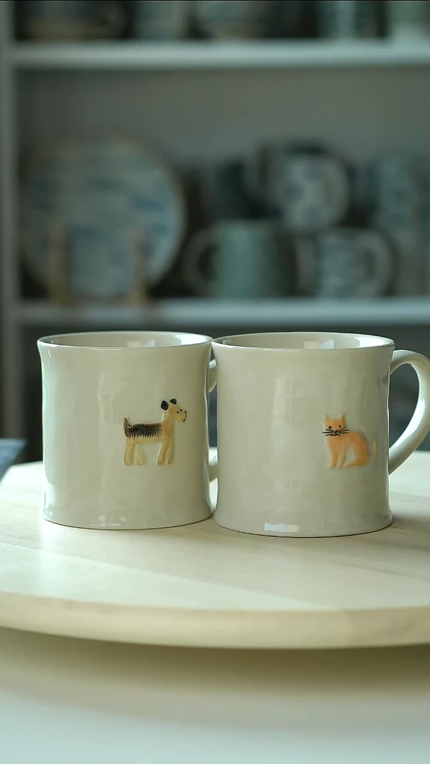 陶瓷微瑕黄色小猫小狗组合马克杯@4-2@