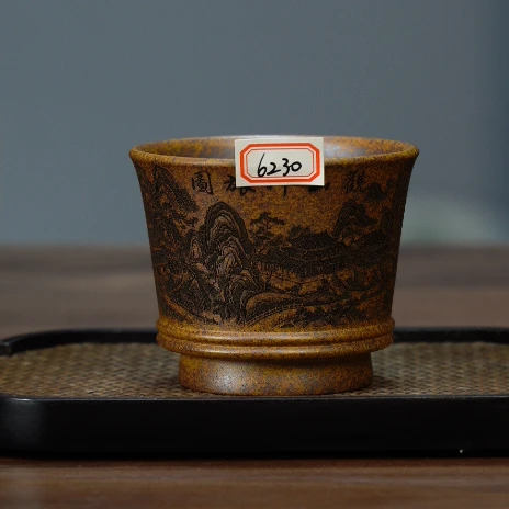 6230 紫砂茶具黄段柴烧刻绘山水主人杯160cc左右YY