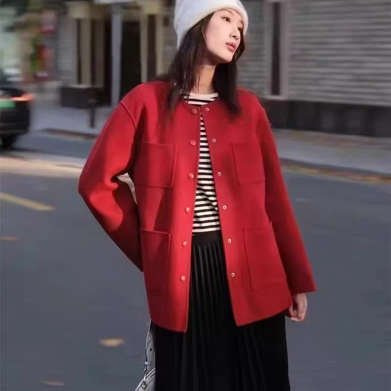 复古红色双面精致毛呢大衣女秋冬新款气质简约小个子外套