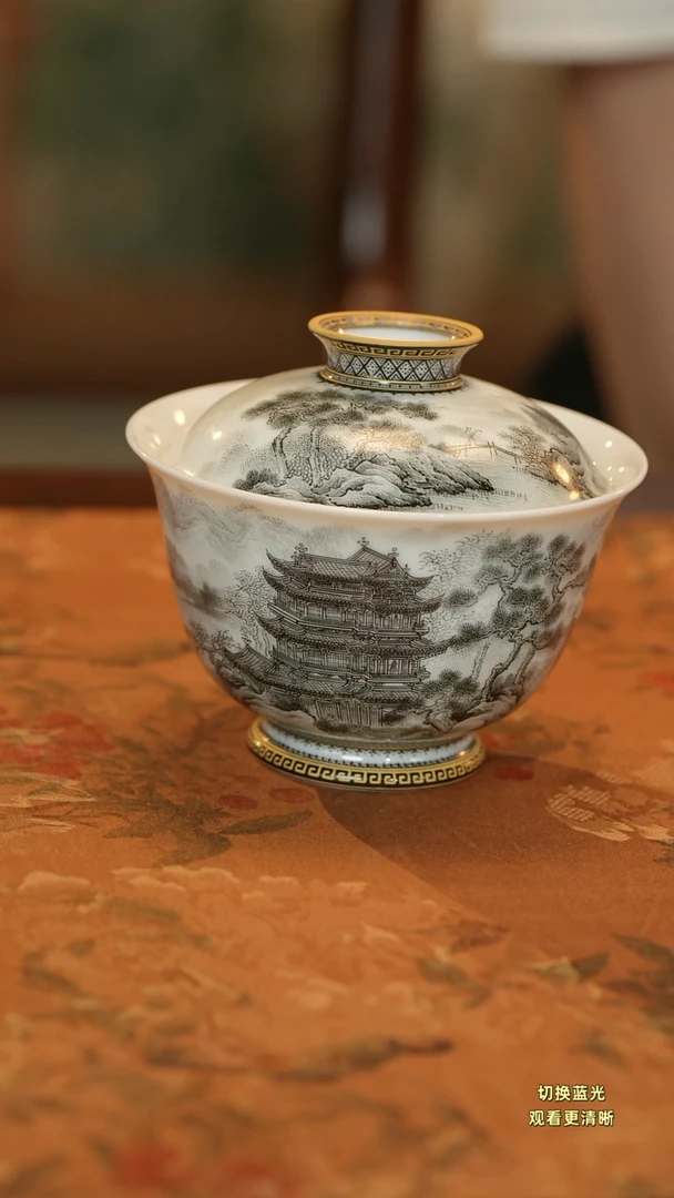 小*牛手绘墨彩滕王阁盖碗