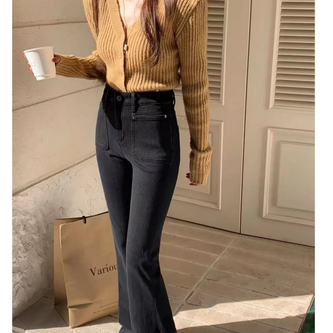 859妙玲品牌牛仔裤女秋冬显瘦洋气微喇裤黑色四面弹阔腿拖地长裤