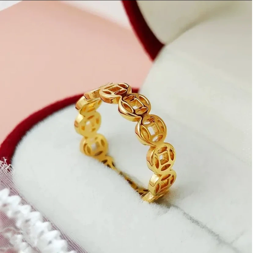 2025【日进斗金】男女素圈金色戒指小众情侣对戒Q