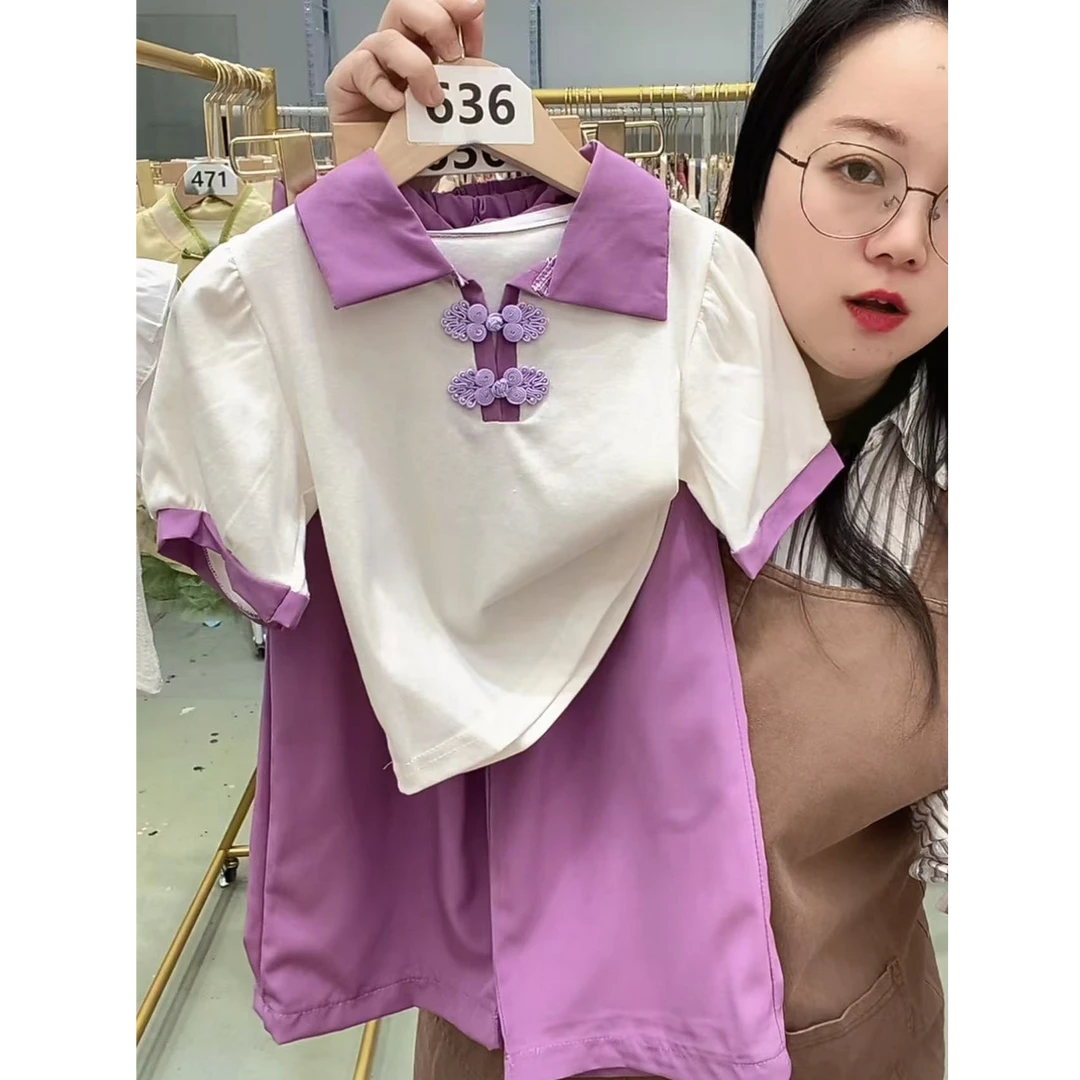 【0028款】套头卡通动漫薄款夏季女碎花套装紫色洋气圆领印花时尚