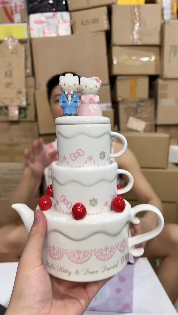 瓷片原盒kt猫结婚茶壶套组