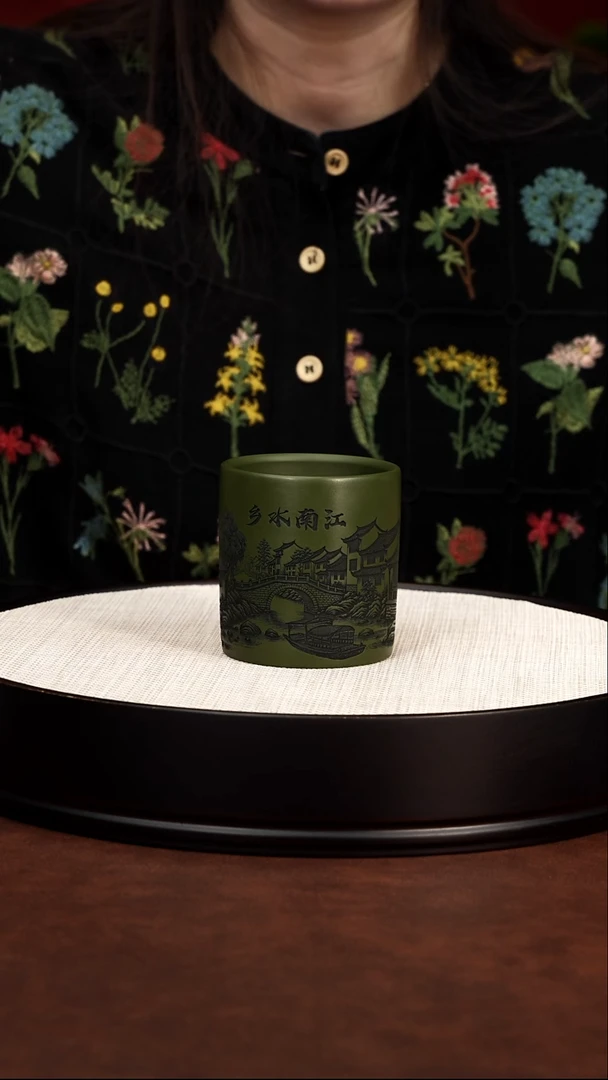 茶壶紫砂直筒杯江南水乡雕刻 民国绿泥8