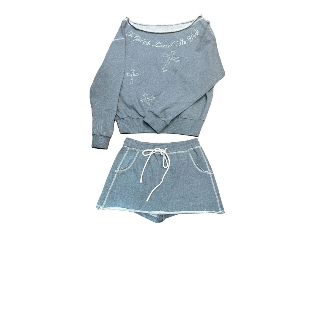 南油小众设计师新新品斜肩字母灰卫衣＋半身裙套装