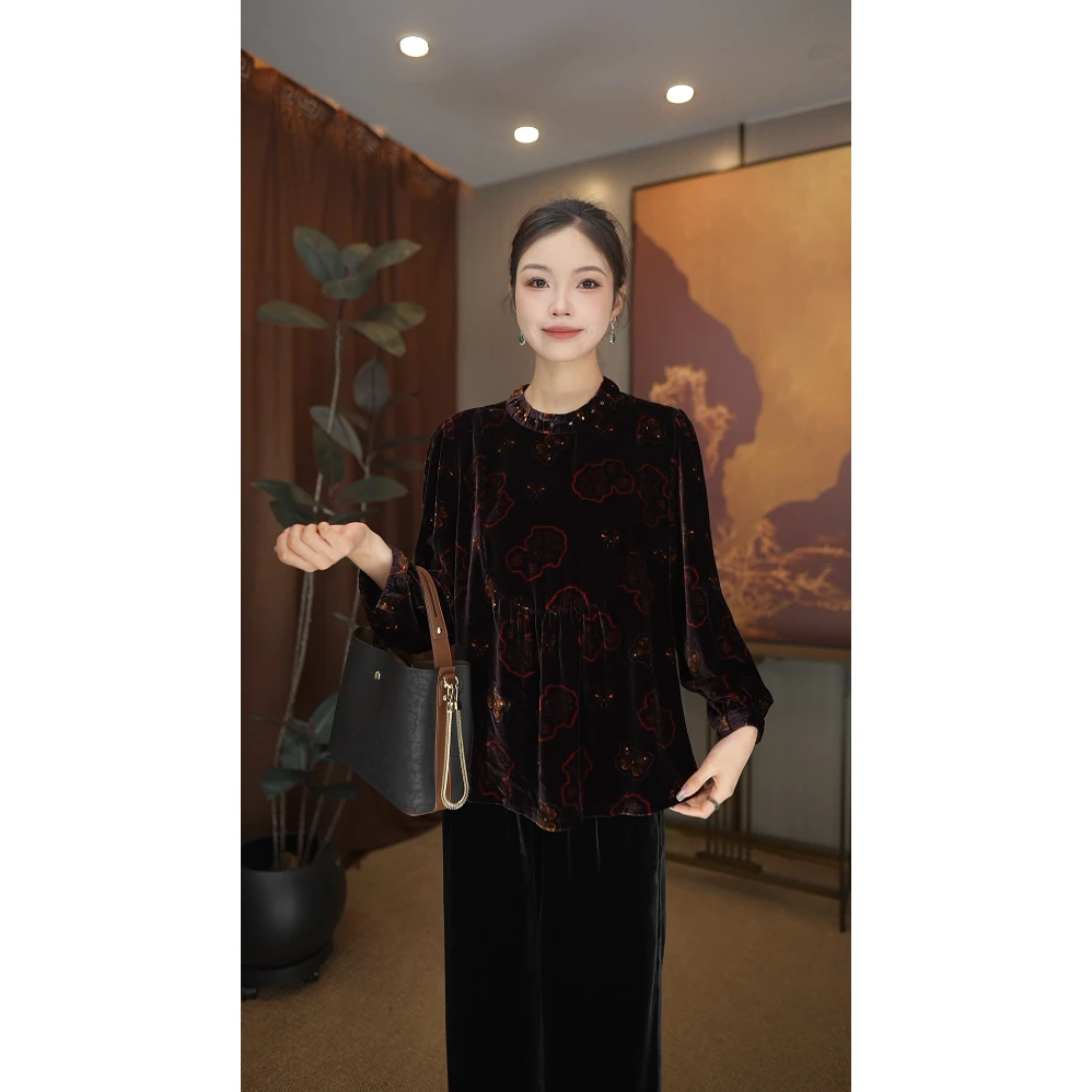 【林典】酒红收腰牡丹印花设计中老年女装妈妈装583-1