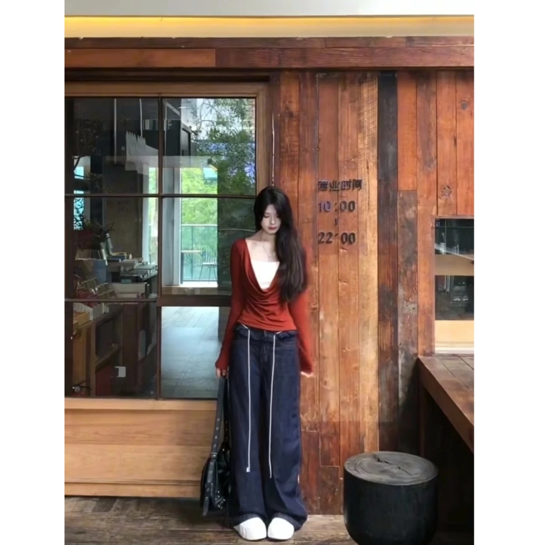 2025秋季新款串珠装饰假两件荡领长袖T恤女修身上衣配显瘦休闲裤