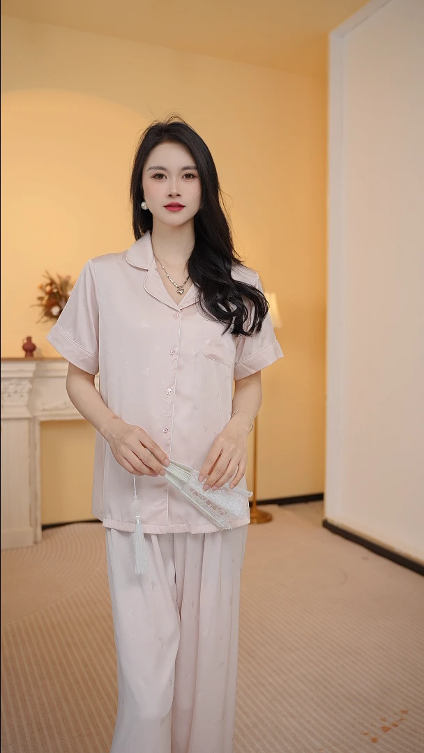 （锦上添花）睡衣女士短袖三件套粉色薄款柔光冰丝凉感家居服