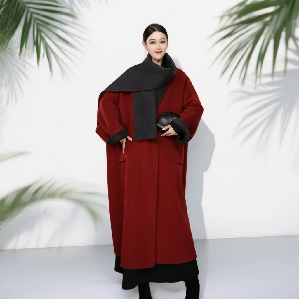 【配围巾羊绒大衣】斗篷款欧版高定山羊绒大衣宽松慵懒氛围感外套