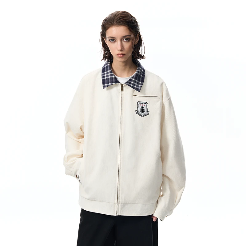 WORKSOUT灯芯绒拼接格子翻领外套春秋宽松休闲百搭拉链夹克