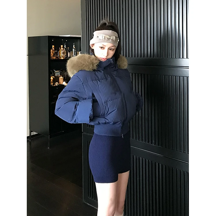 藏青色连帽大毛领加厚棉服外套女2025冬季新款显瘦百搭保暖棉袄