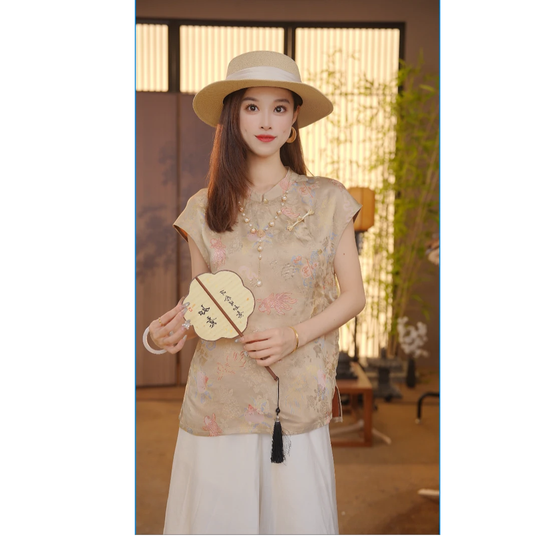 CJ 【杏仁】新中式2025夏季百搭提花立领短袖上衣女YY25062801