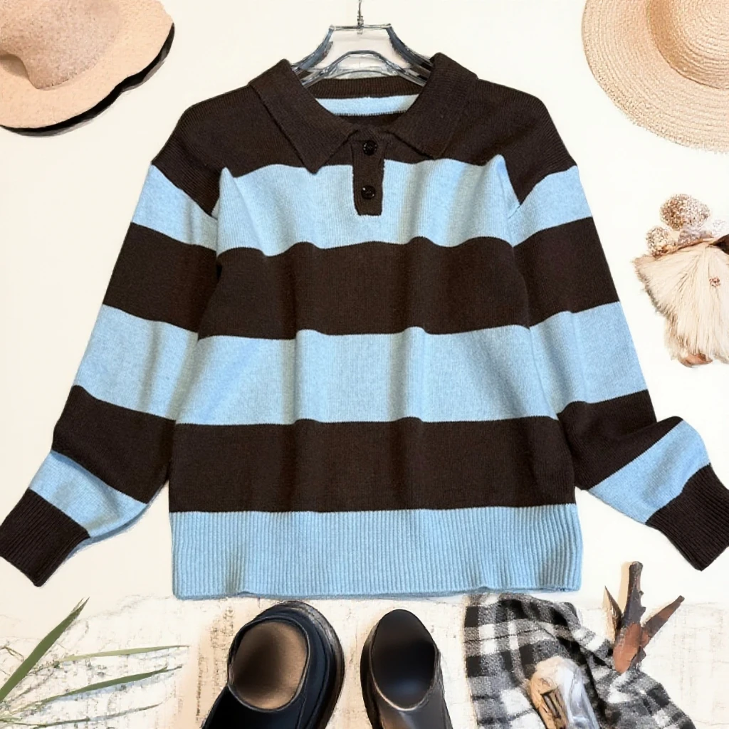时尚条纹翻领套头POLO毛衣女百搭休闲撞色长袖秋冬宽松针织上衣